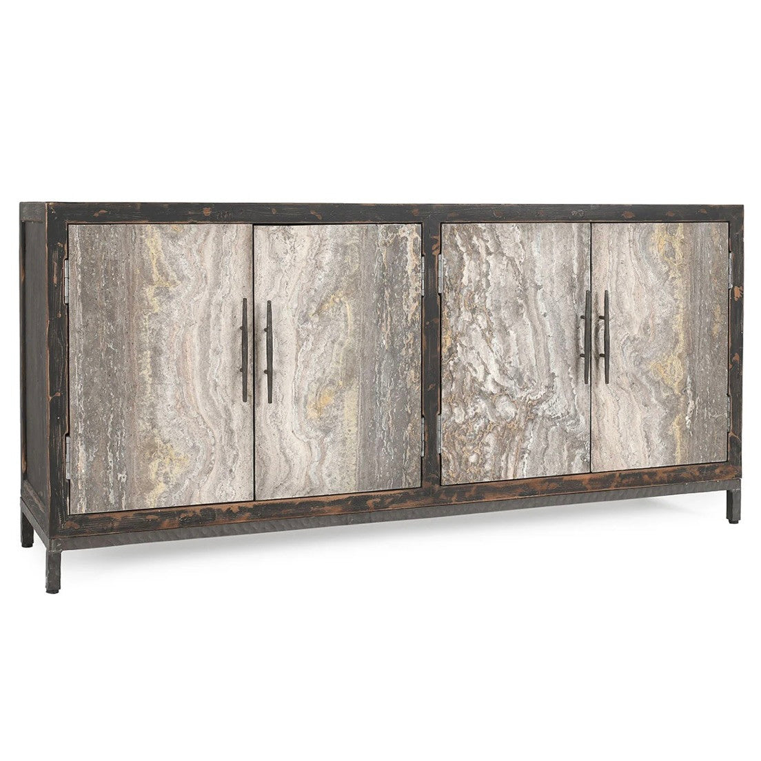 Lisbon 4-Door Reclaimed Wood and Travertine Sideboard 76