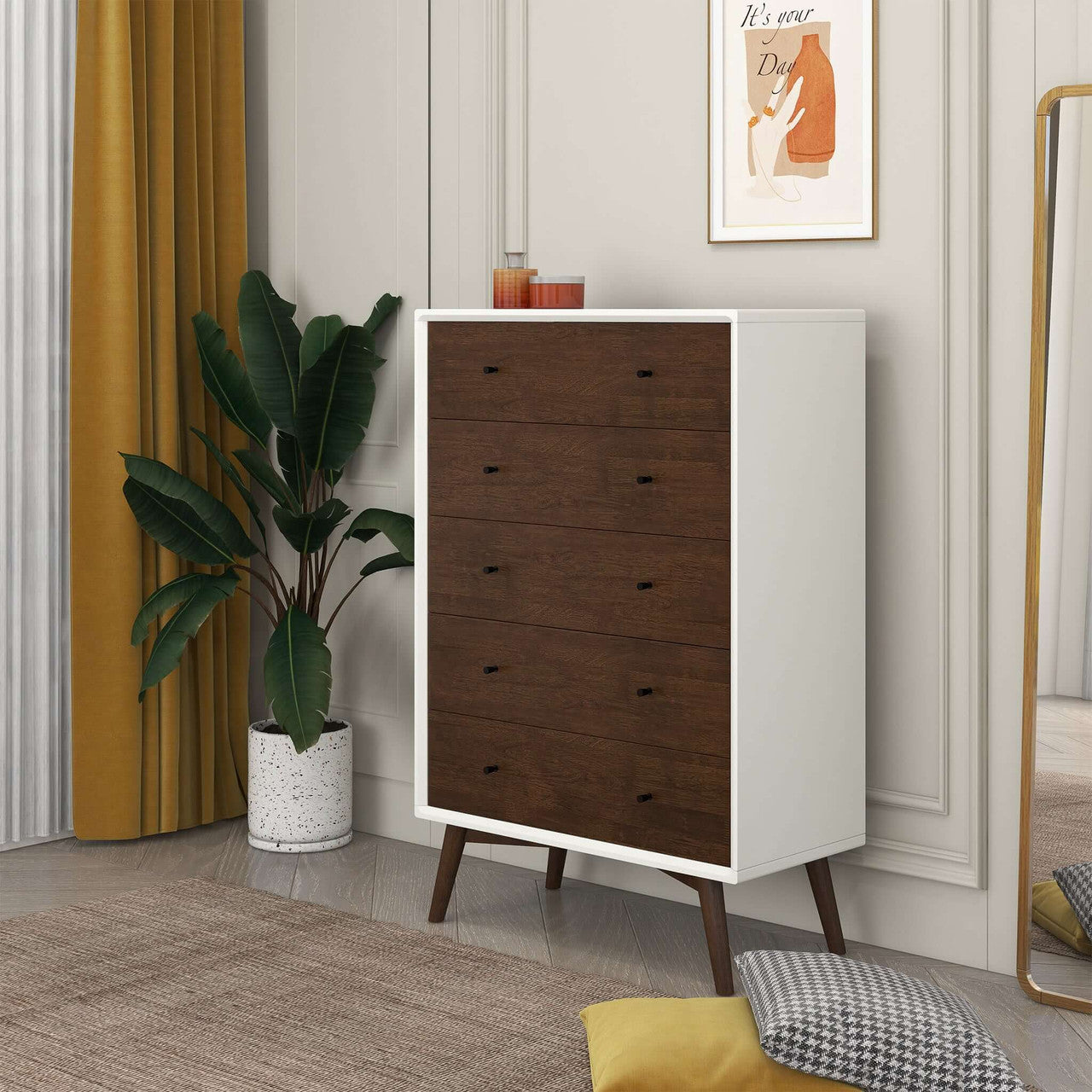 Caroline Mid Century Modern Solid Wood White Dresser 5-Drawer| Zin Home –  zinhome
