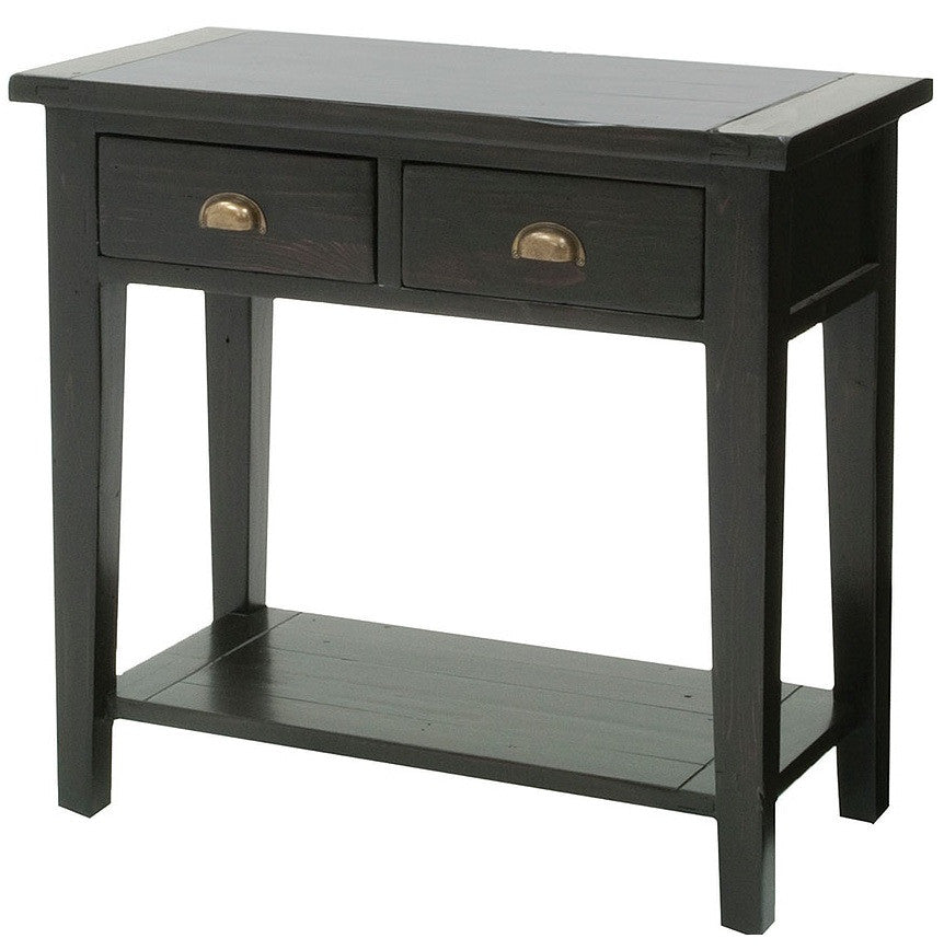 A dark wooden console table with two drawers, brass knobs, and a lower open shelf.