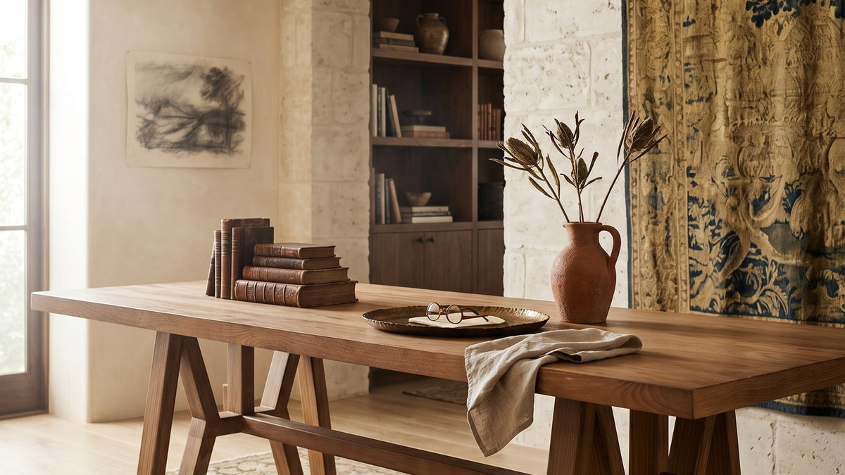 Sarreid Miner's Camp dining table styled with books and pottery in a layered interior