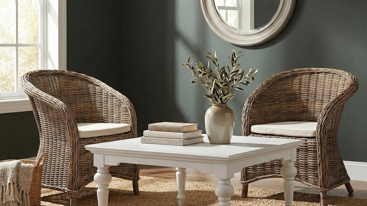Natural wicker chairs and a white wood coffee table styled in a relaxed coastal room
