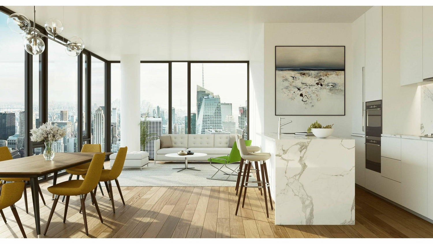 SohoConcept Neomi dining table in a bright modern open-plan apartment with dining chairs and city views