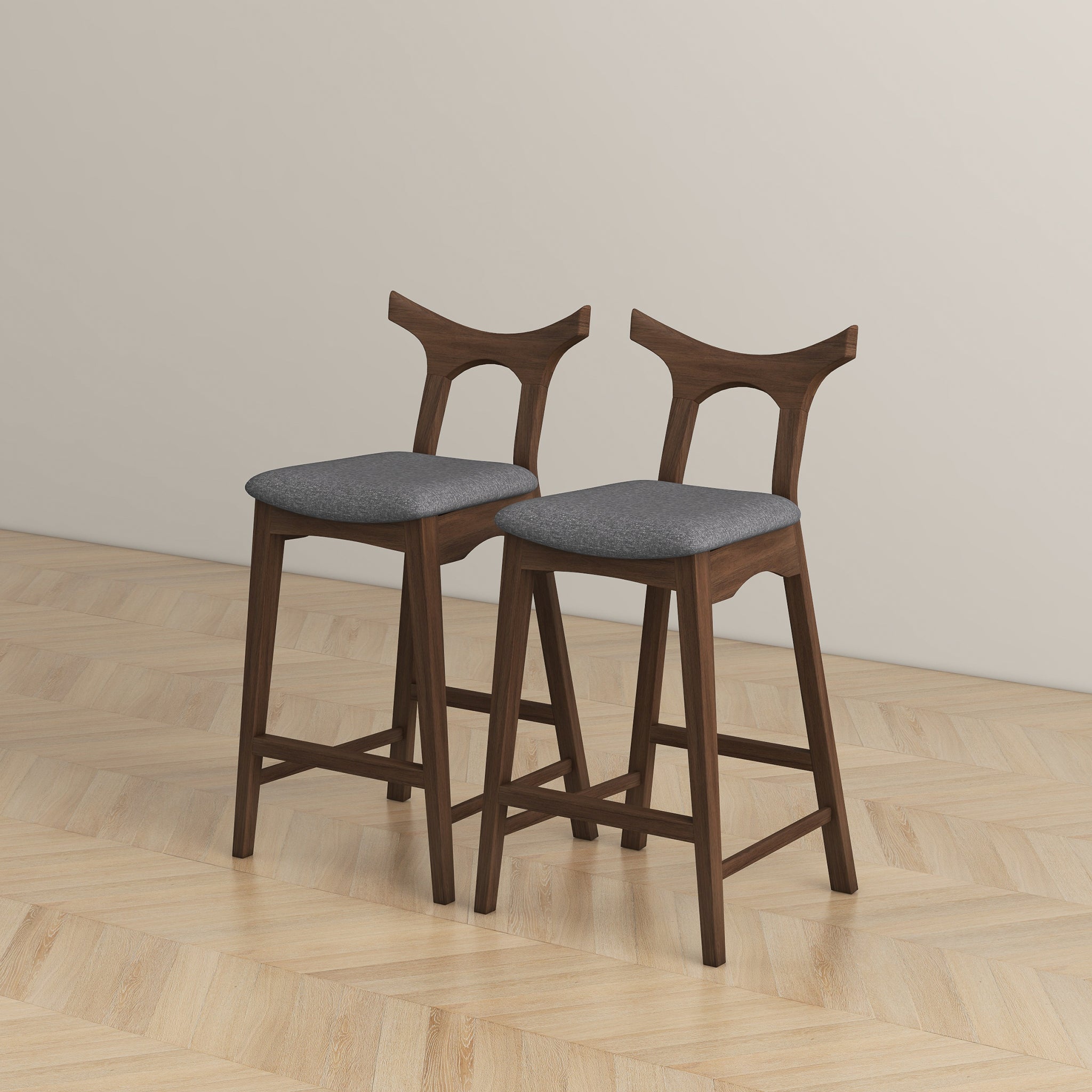 Dorane Solid Wood Frame Grey Fabric Upholstered Bar Stool - Set of 2