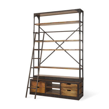 Brodie II Medium Brown Wood Black Ladder Four Shelf Shelving Unit