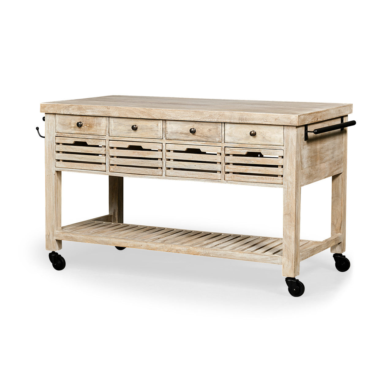 Columbia 62L x 28W x 36H I Light Brown Body w/ Black Iron Knobs Rolling Kitchen Island