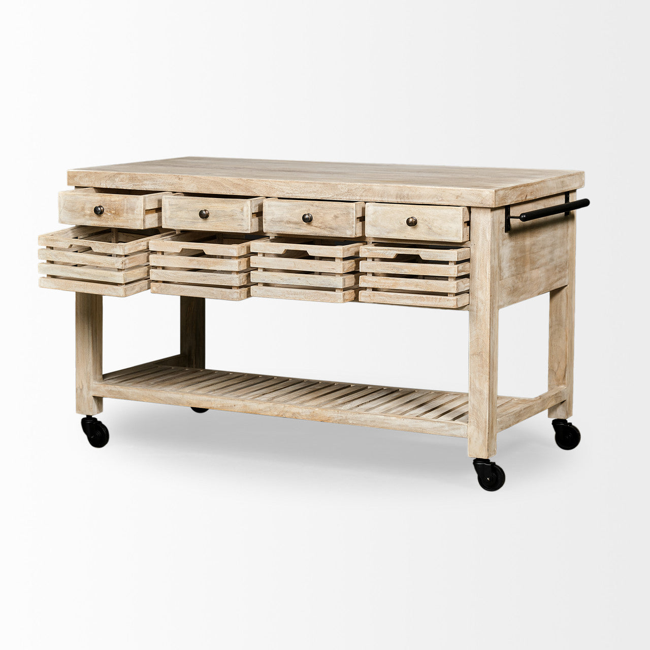 Columbia 62L x 28W x 36H I Light Brown Body w/ Black Iron Knobs Rolling Kitchen Island