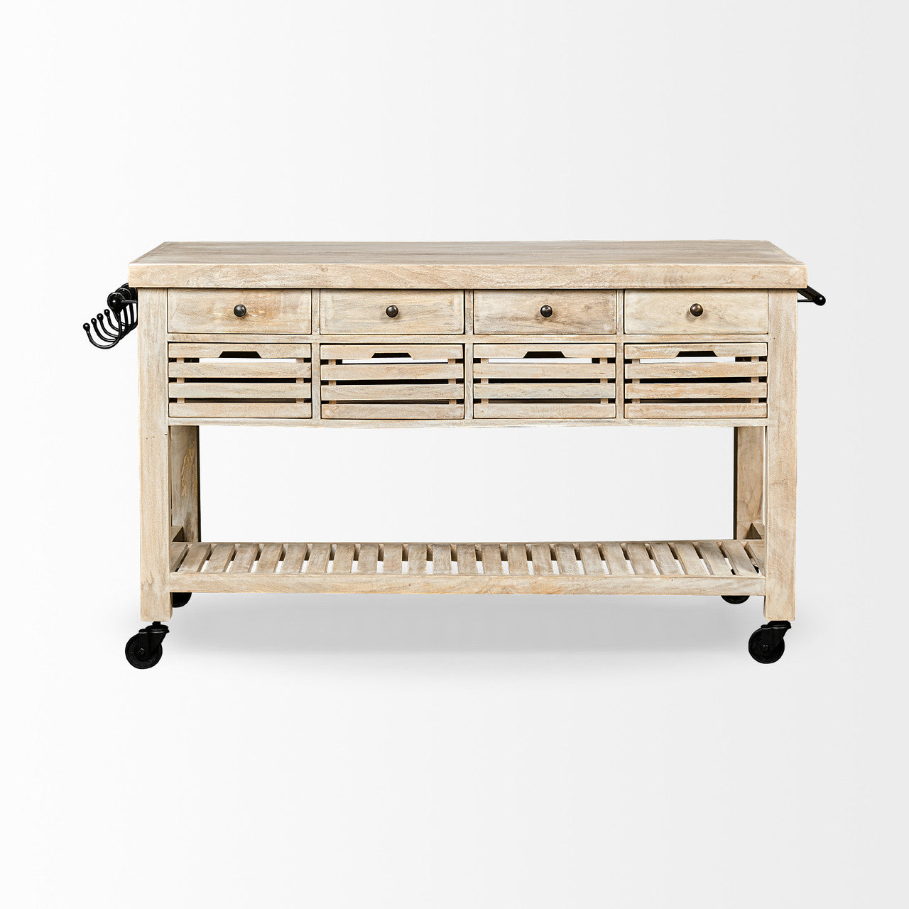 Columbia 62L x 28W x 36H I Light Brown Body w/ Black Iron Knobs Rolling Kitchen Island