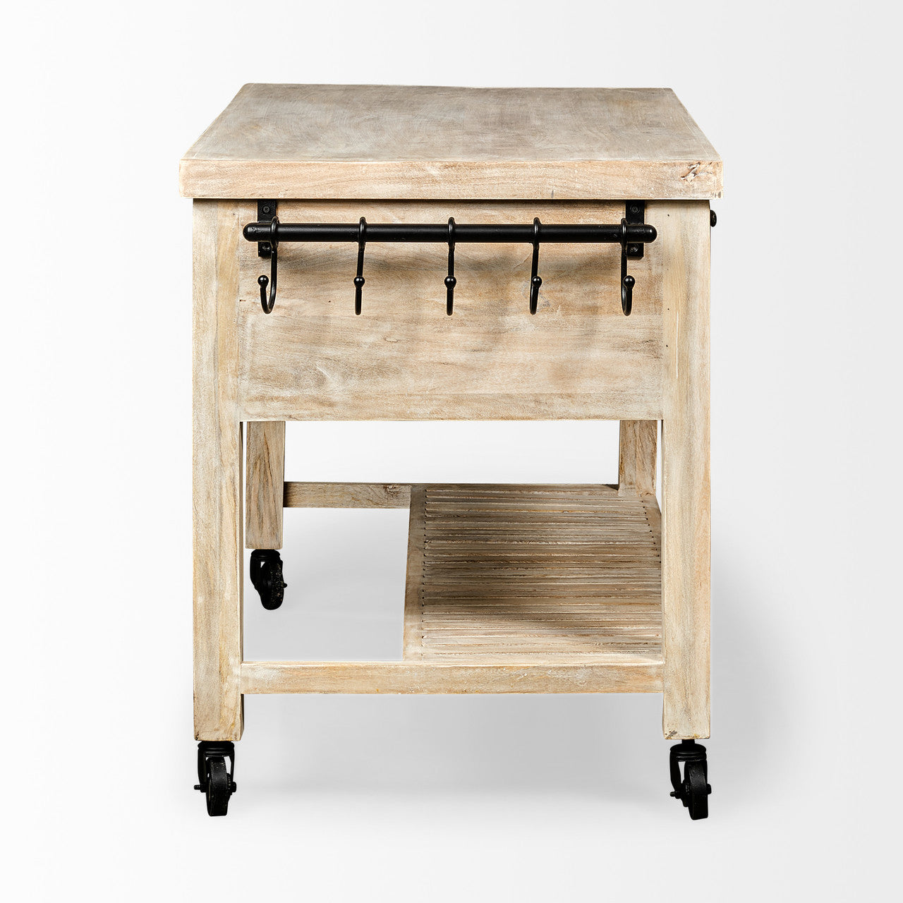 Columbia 62L x 28W x 36H I Light Brown Body w/ Black Iron Knobs Rolling Kitchen Island