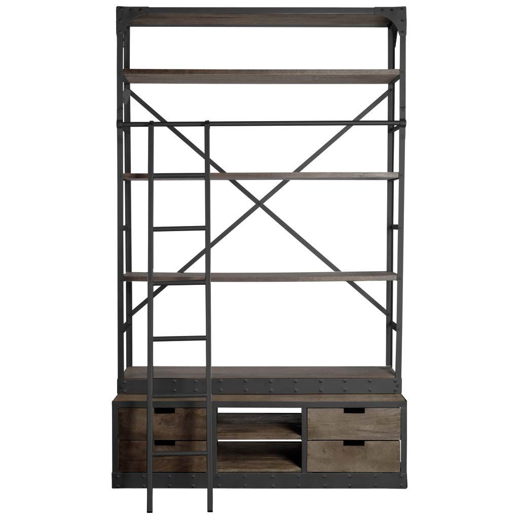 Brodie VIII 57L x 20.5W x 94H Brown Wood Gun-Metal Ladder Four Shelf Shelving Unit