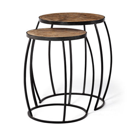 Clapp Brown Round Wood Top W/ Black Metal Frame Nesting Accent Tables