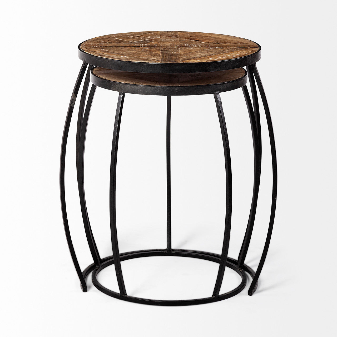 Clapp III (Set of 2) 20L x 20W Brown Round Wood Top W/ Black Metal Frame Nesting Accent Tables