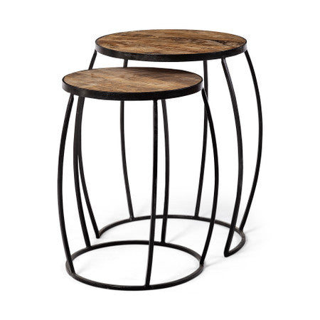 Clapp Brown Round Wood Top W/ Black Iron Frame Nesting Accent Tables