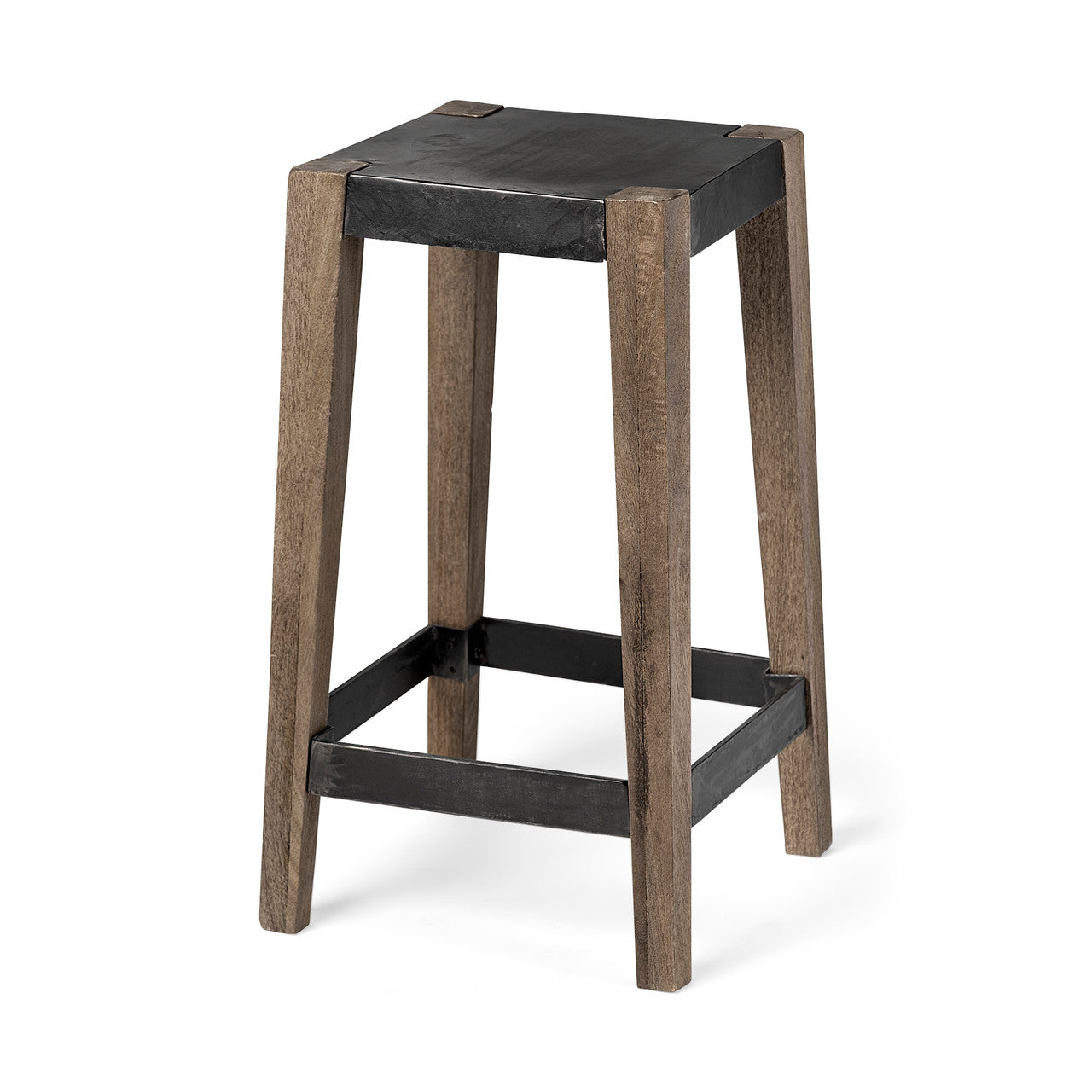Nell 26" Seat Height Black Metal Seat & Foot Rest With Brown Wood Legs Stool