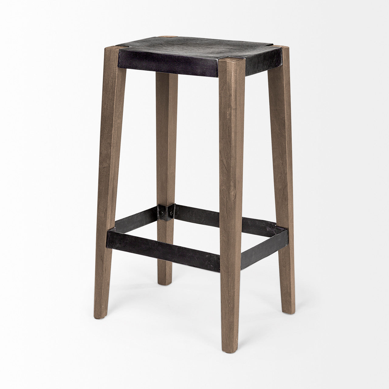 Nell 30" Seat Height Black Metal Seat & Foot Rest With Brown Wood Legs Stool