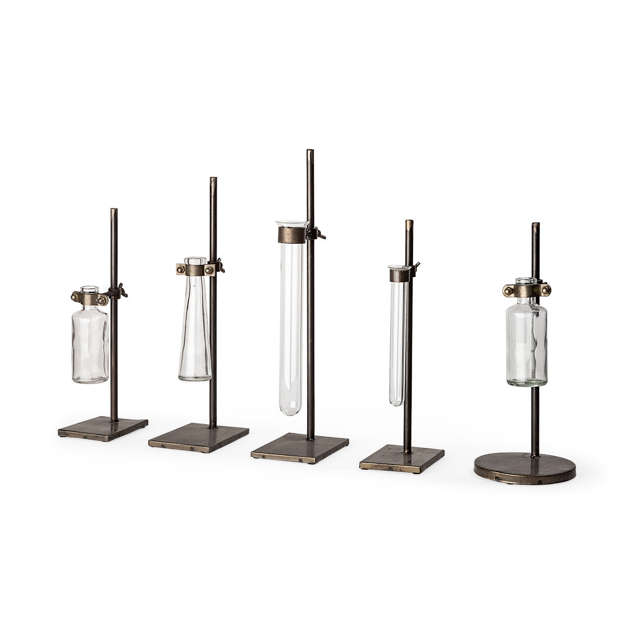 Jarvis Set of Five Dark Brown Metal and Glass Chemistry Inspired Bottles