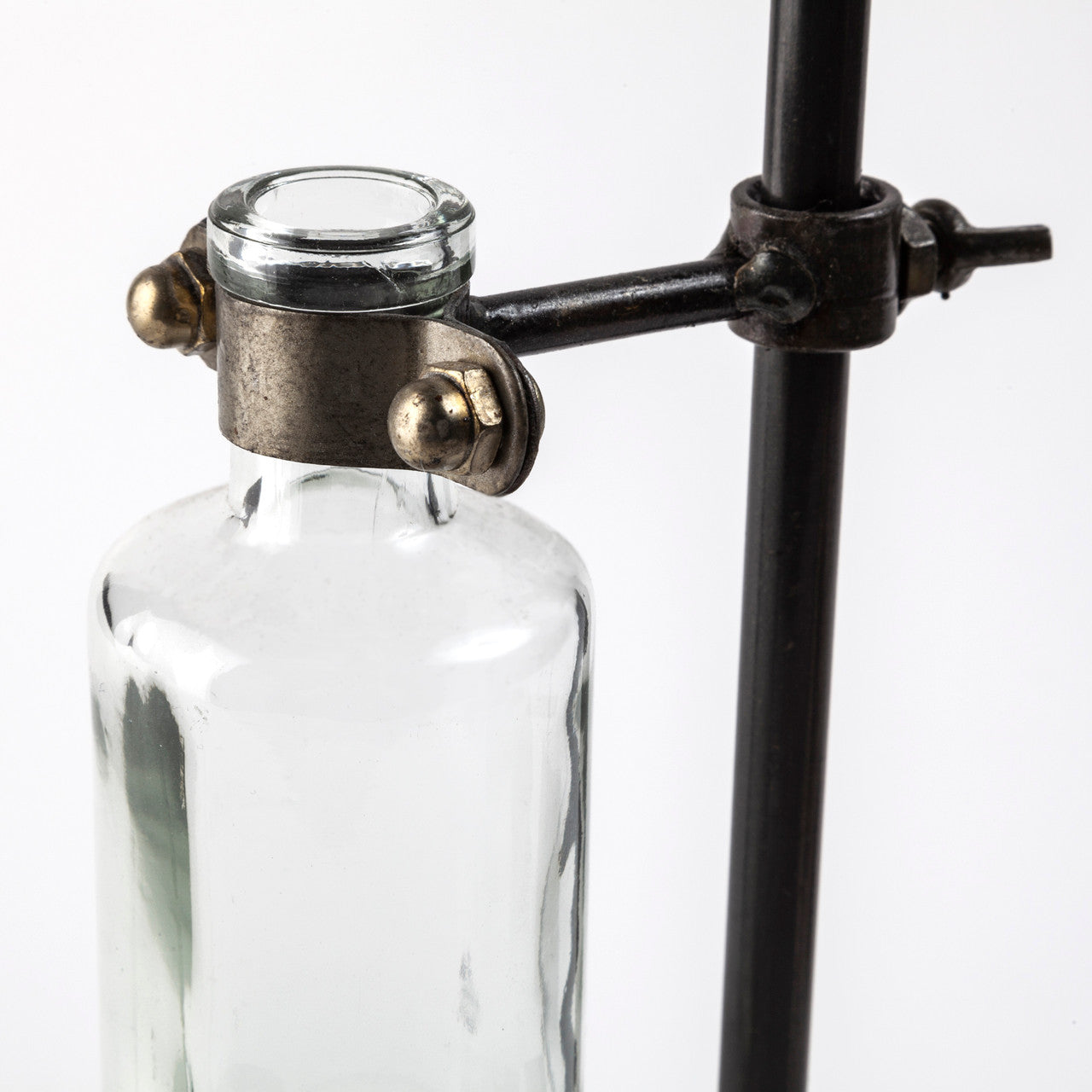Jarvis Set of Five Dark Brown Metal and Glass Chemistry Inspired Bottles