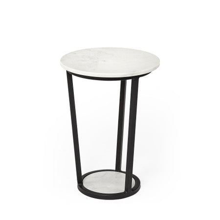 Bombola White Round Marble Top W/Black Metal Frame Accent Table