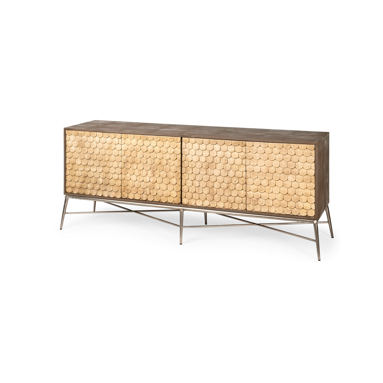 Swordfish 72L x 19W  x 30.25H Two-Tone Brown Wood Cabinet Silver Metal Base 4 Cabinet Door Sideboard