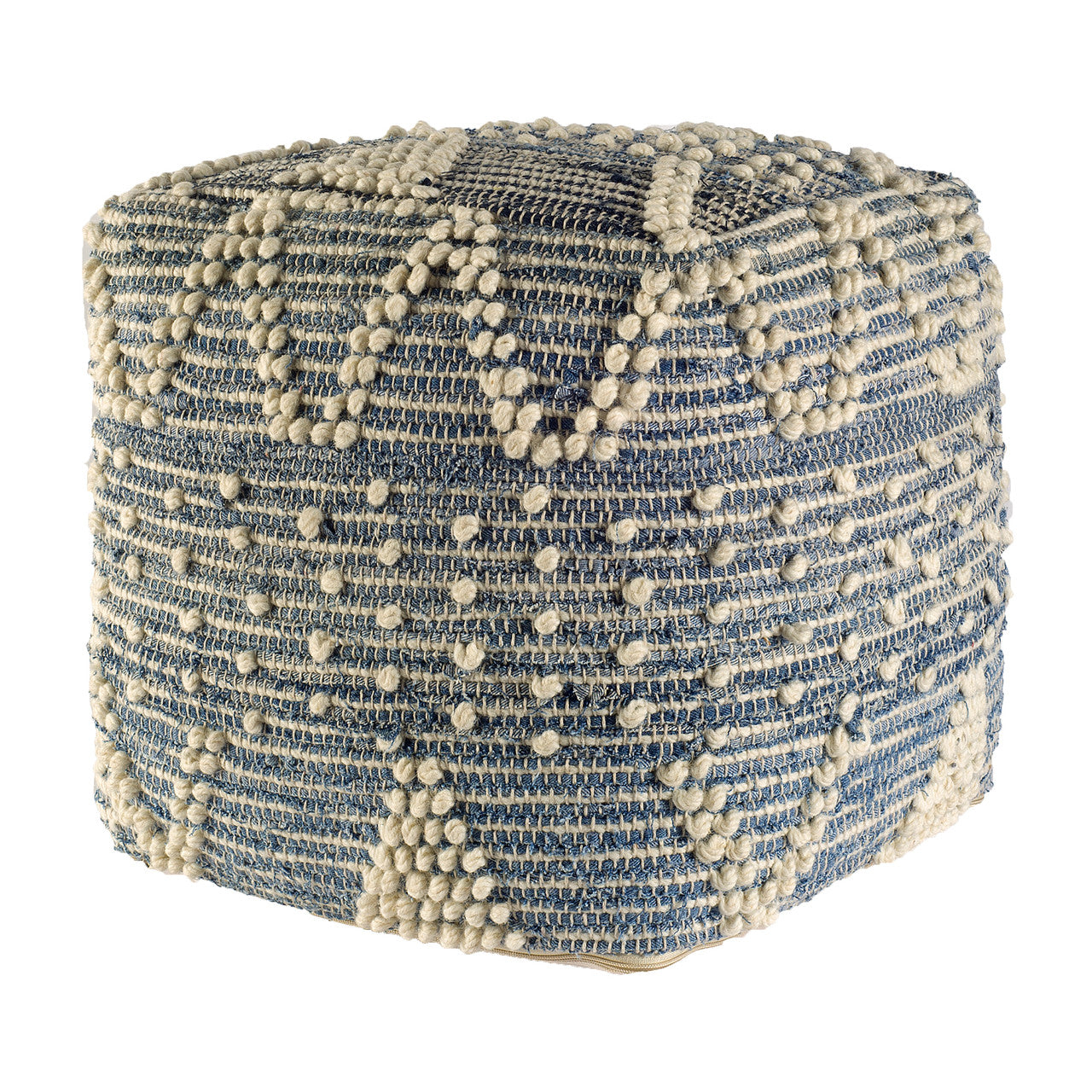 Rofi Blue Denim and Cream Cotton Stitched Square Pouf