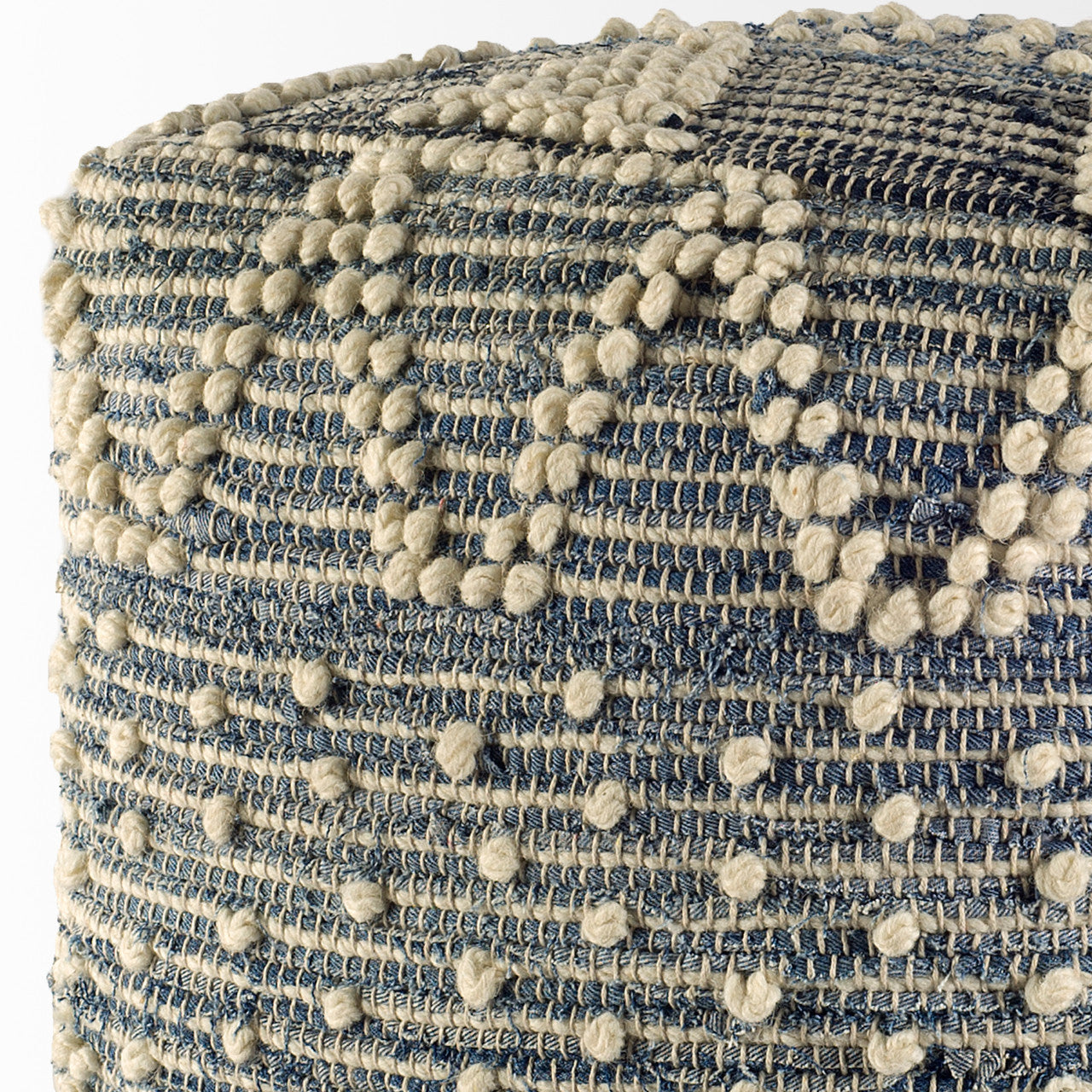 Rofi Blue Denim and Cream Cotton Stitched Square Pouf