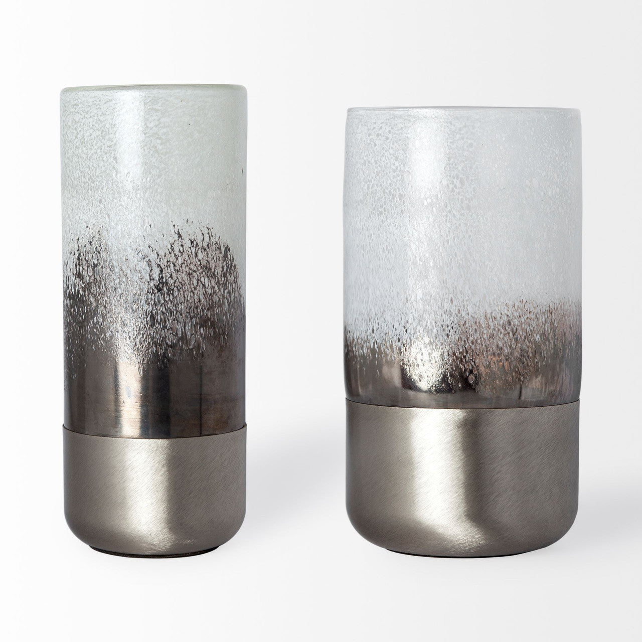 Baltic I Tall White Brushed Silver Metal Bottom Glass Vase