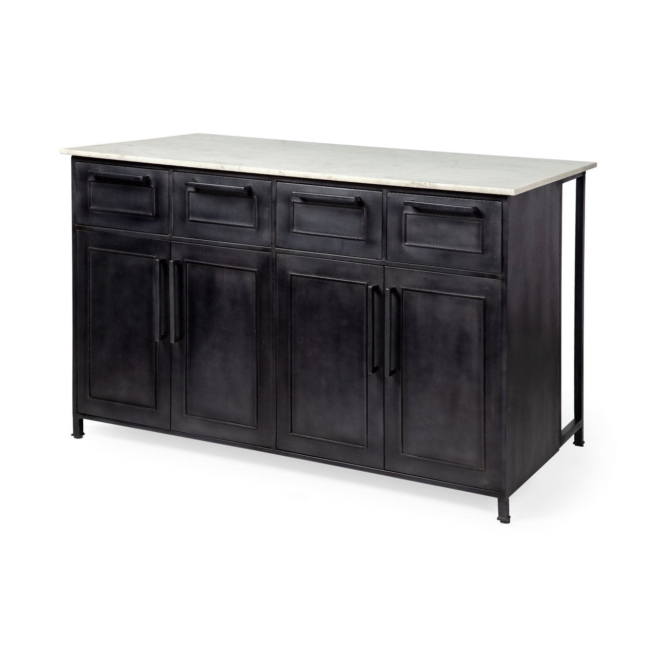 Fieri Solid Iron Black Body White Marble Top Four Drawer Kitchen Island