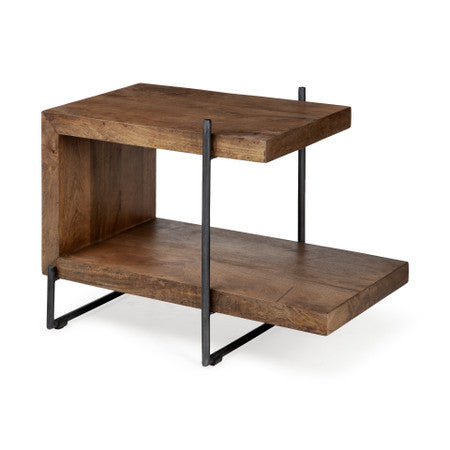 Maddox Medium Brown Wood w/ Black Metal U-shaped End/Side Table