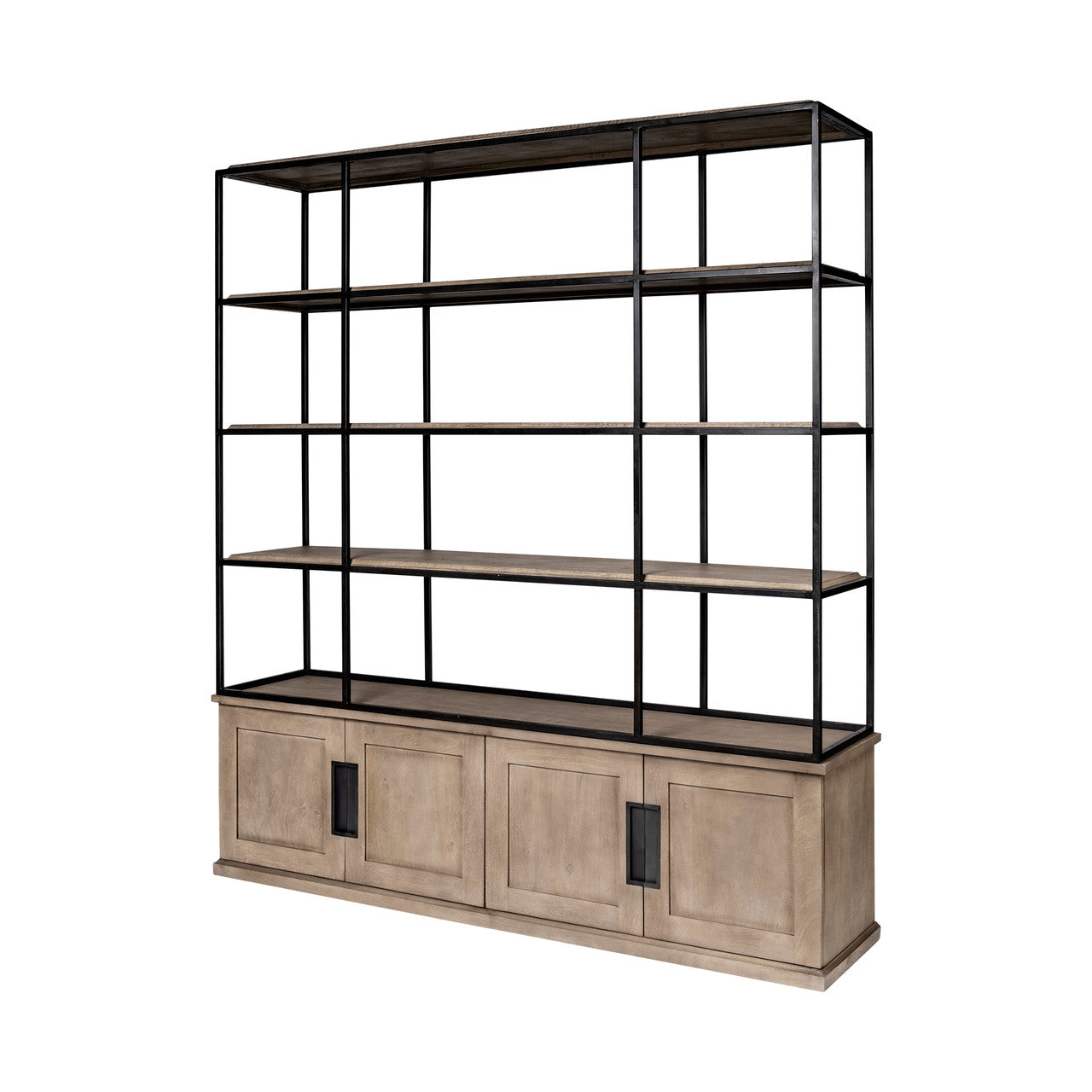 Braxton I Light Brown Wood and Iron Three Shelf Shelving Unit 81.5L x 18.5W x 90