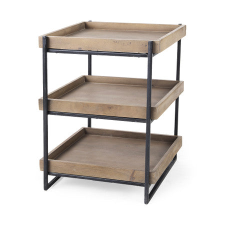 Trey Square Medium Brown Wooden Three-Tiered Black Iron Frame End/Side Table
