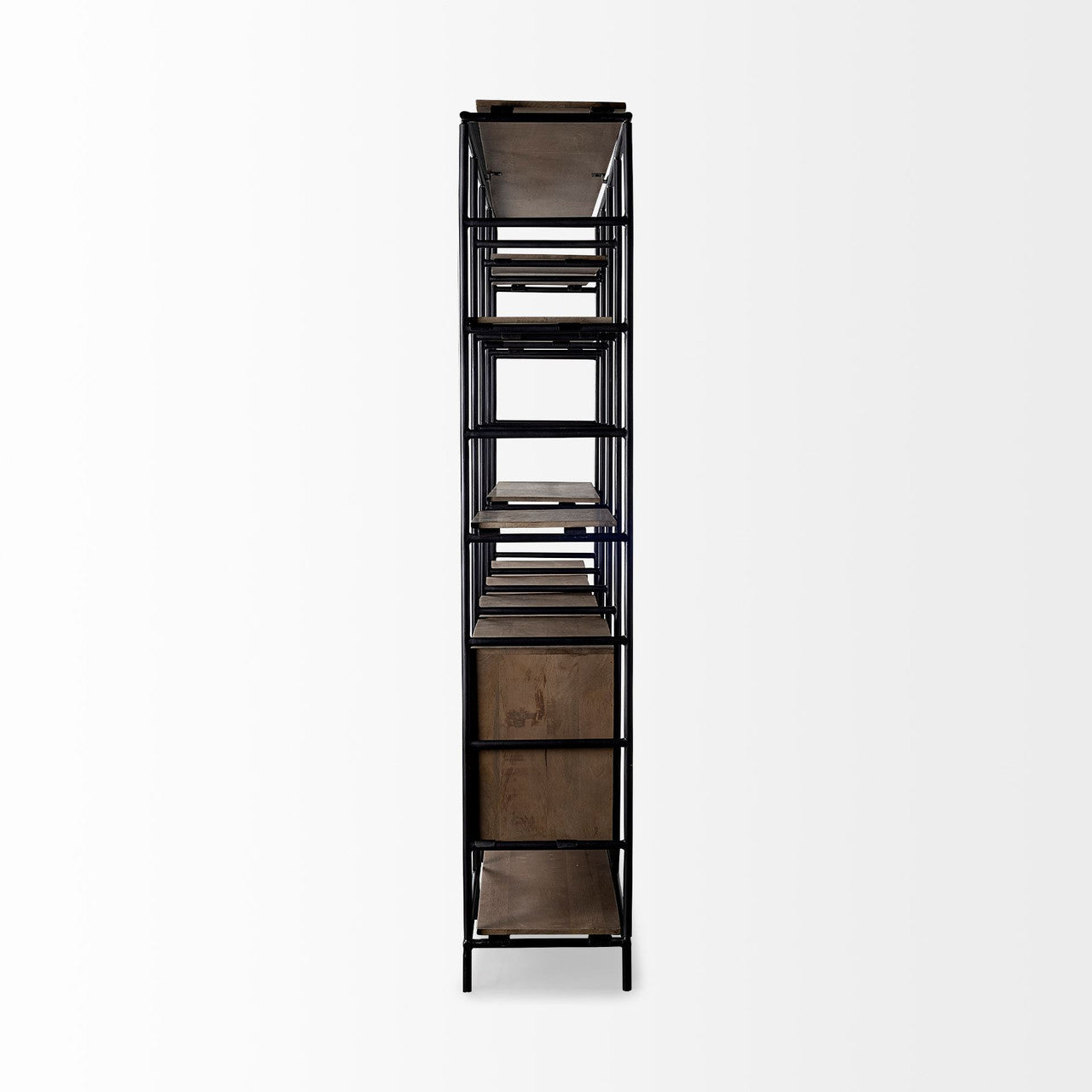 Darius 82L x 16.5W x 90H Medium Brown Wood and Metal Multi-Shelf Shelving Unit