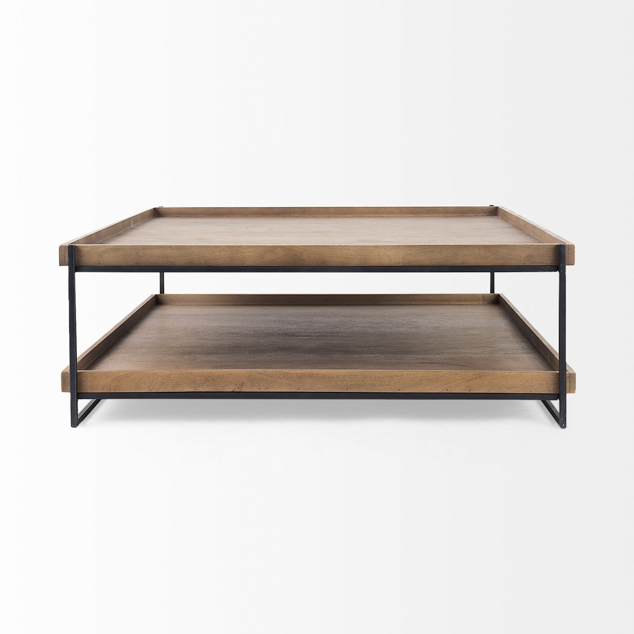 Trey 48x46 Rectangular Brown Solid Wood Top Table Black Metal Frame Two-Tier Coffee Table