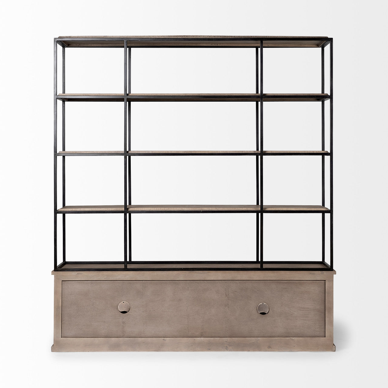 Braxton I Light Brown Wood and Iron Three Shelf Shelving Unit 81.5L x 18.5W x 90