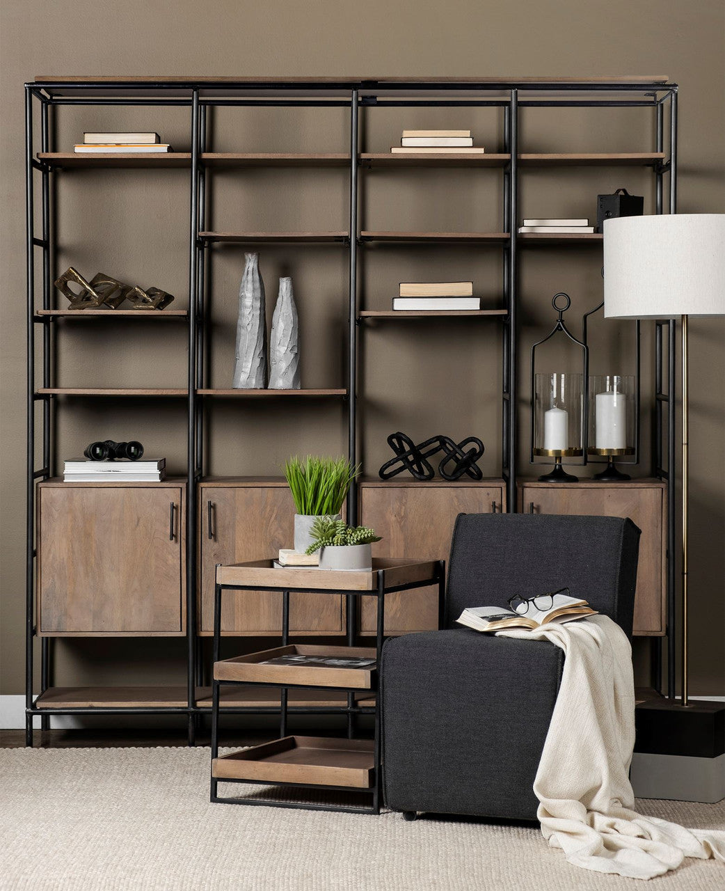 Trey III 20" x 26" Square Medium Brown Wooden Three-Tiered Black Iron Frame End/Side Table