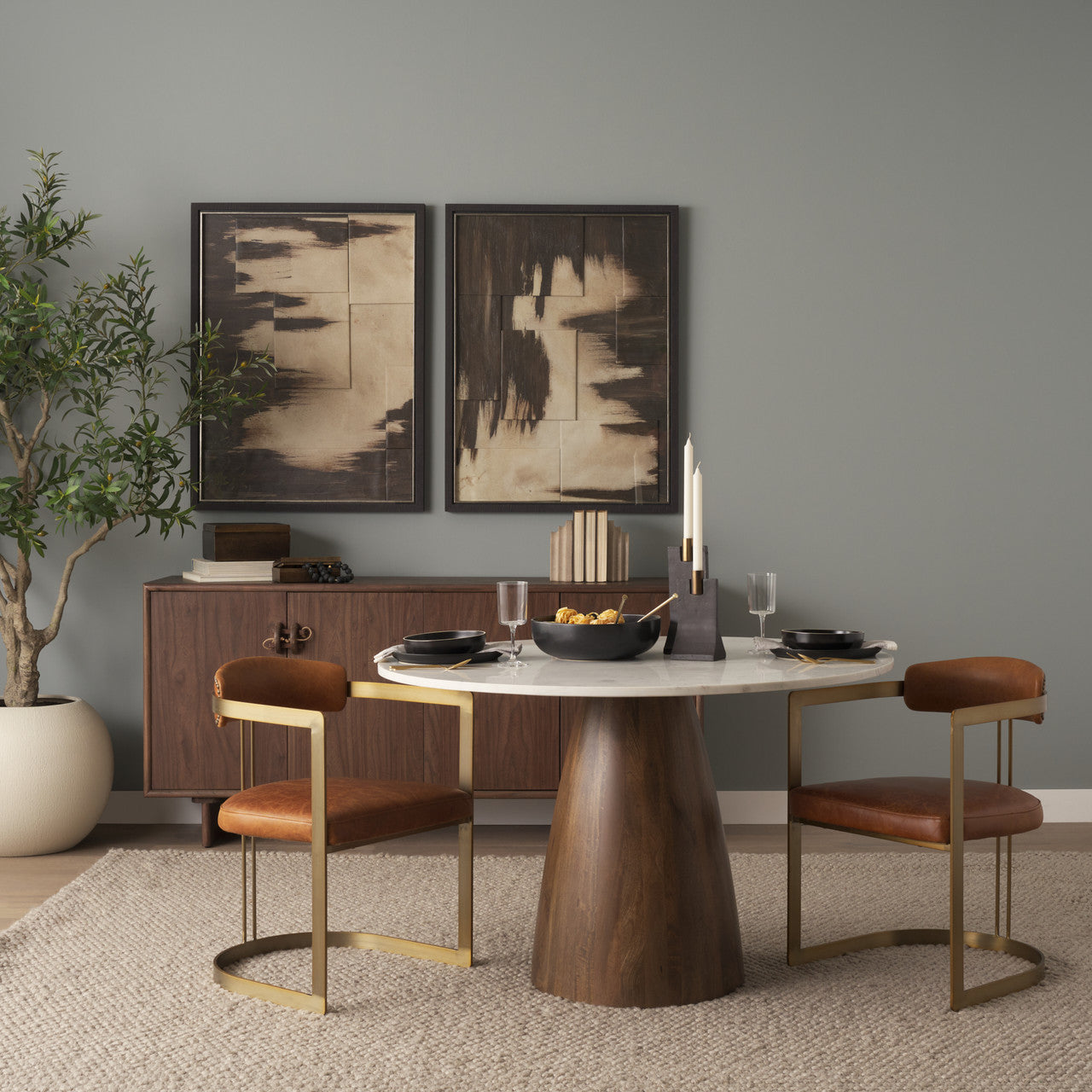 Hollyfield I Brown Leather Seat Gold Iron Frame Dining Chair