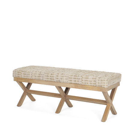 Solis Brown Base Beige Woven Leather Cushion Accent Bench