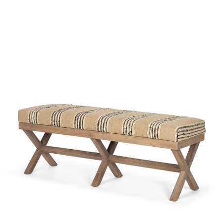 Solis Brown Base Upholstered Beige/Black Stripe Seat Accent Bench