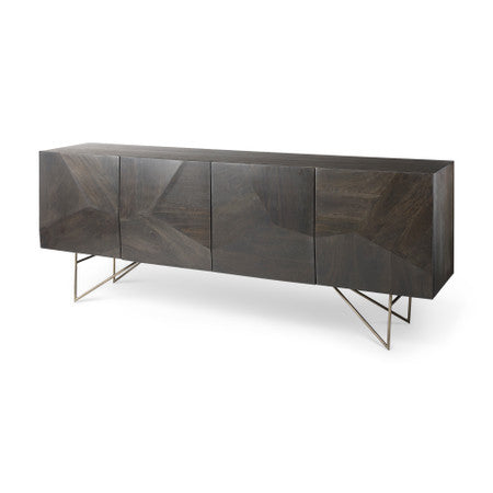 Darwin Brown Solid Wood Gold Metal Base 4 Cabinet Door Sideboard
