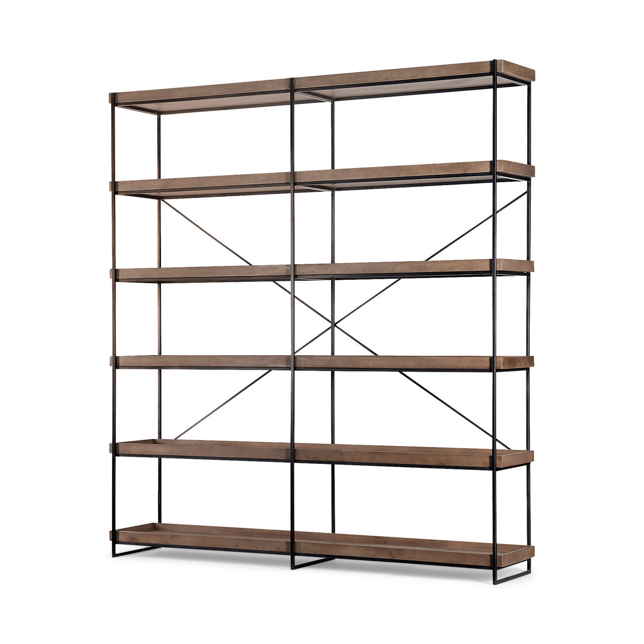 Trey IV 80L x 16W x 87.5H  Medium Brown Wood and Iron Five Tray Shelf Shelving Unit