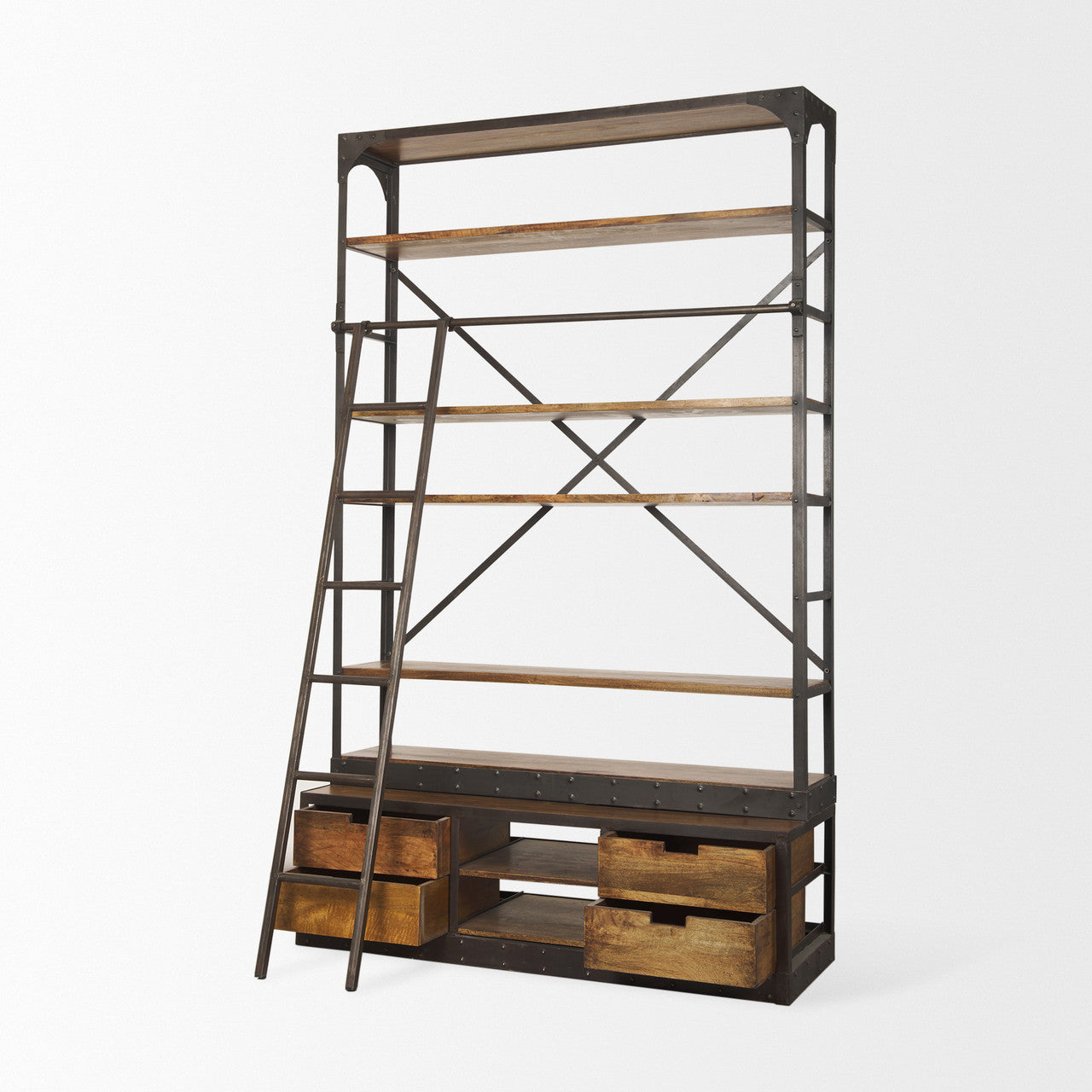 Brodie II Medium Brown Wood Black Ladder Four Shelf Shelving Unit 57L x 20.5W x94H