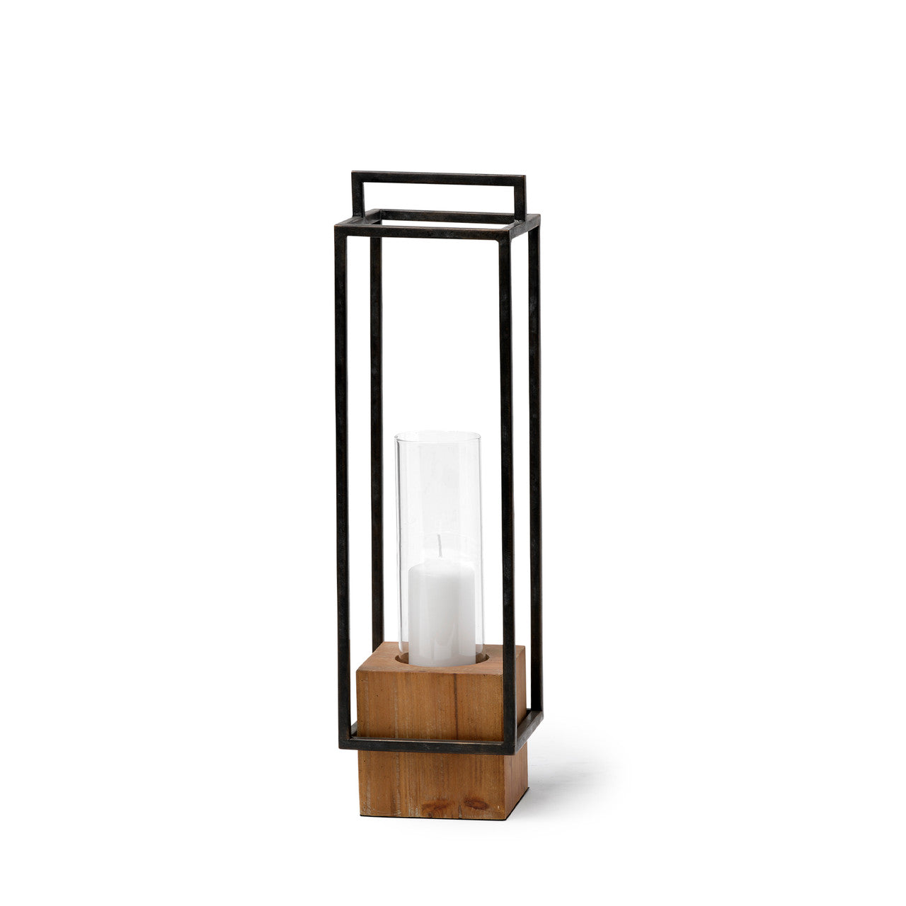 Orionis Large Wood w/ Black Metal Lantern Candle Holder