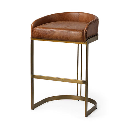 Hollyfield II Brown Leather Seat Gold Metal Base Bar Stool