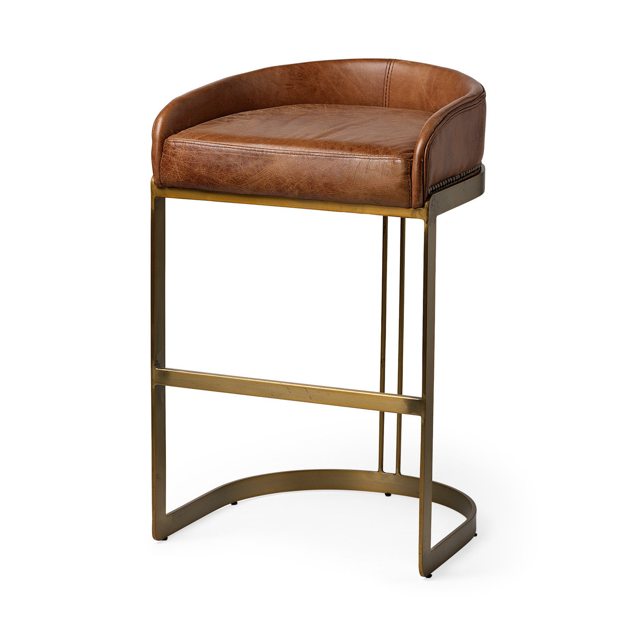 Hollyfield II Brown Leather Seat Gold Metal Base Bar Stool