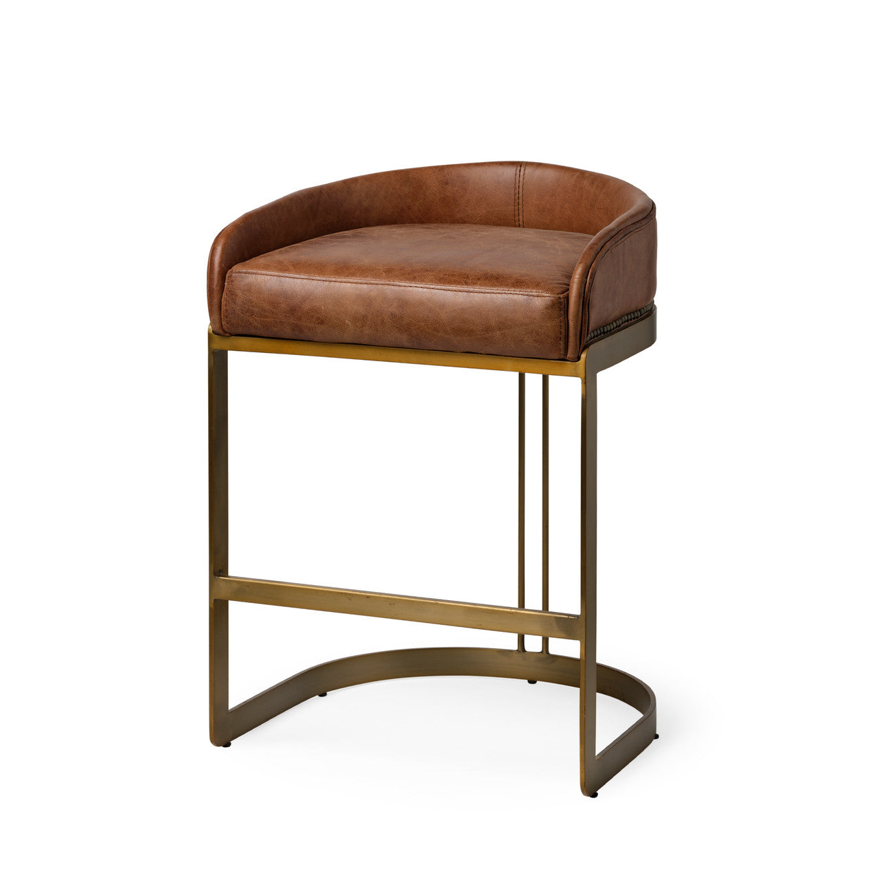 Hollyfield II Brown Leather Seat Gold Metal Base Stool
