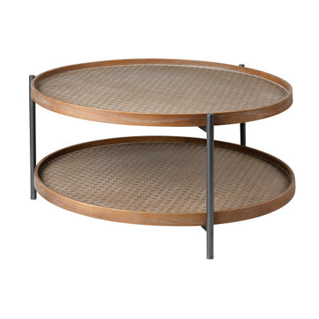 Kade 33" Round Brown Table Gray Metal Frame Two-Tier Coffee Table