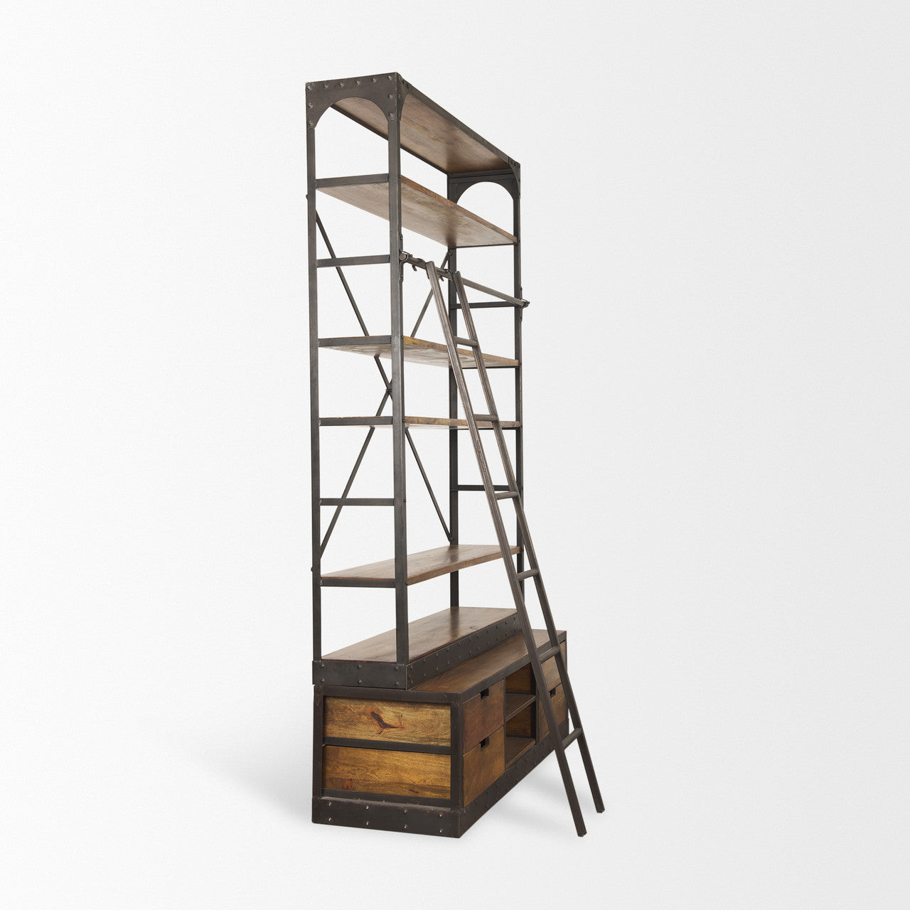 Brodie II Medium Brown Wood Black Ladder Four Shelf Shelving Unit 57L x 20.5W x94H