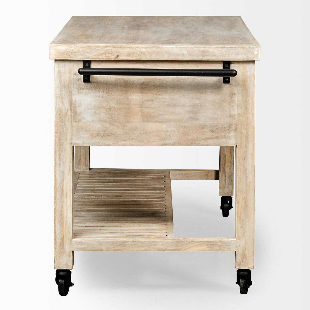 Columbia 62L x 28W x 36H I Light Brown Body w/ Black Iron Knobs Rolling Kitchen Island