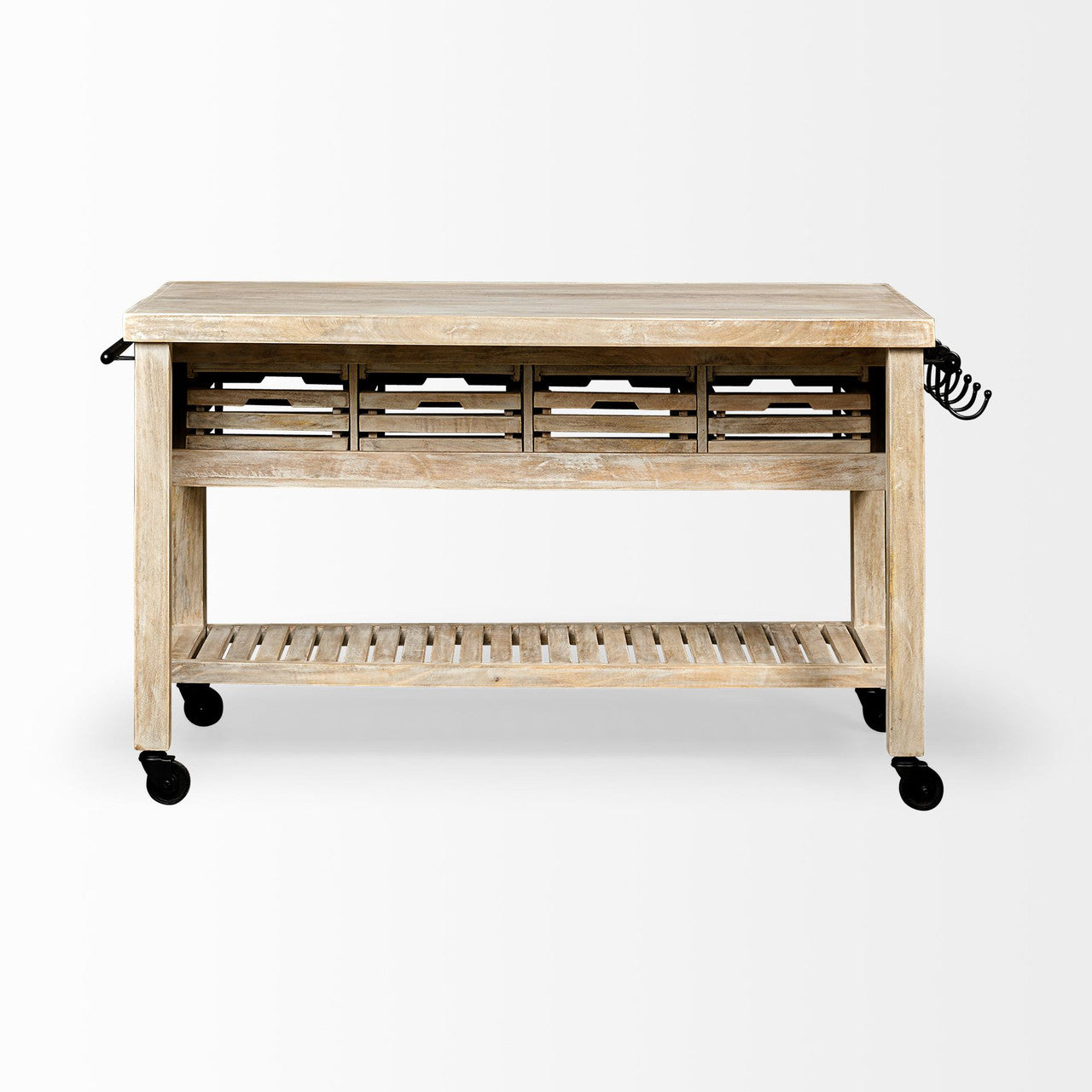 Columbia 62L x 28W x 36H I Light Brown Body w/ Black Iron Knobs Rolling Kitchen Island