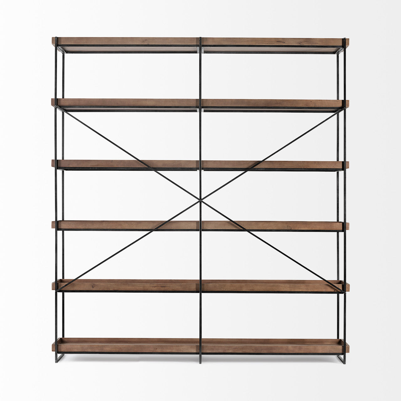 Trey IV 80L x 16W x 87.5H  Medium Brown Wood and Iron Five Tray Shelf Shelving Unit