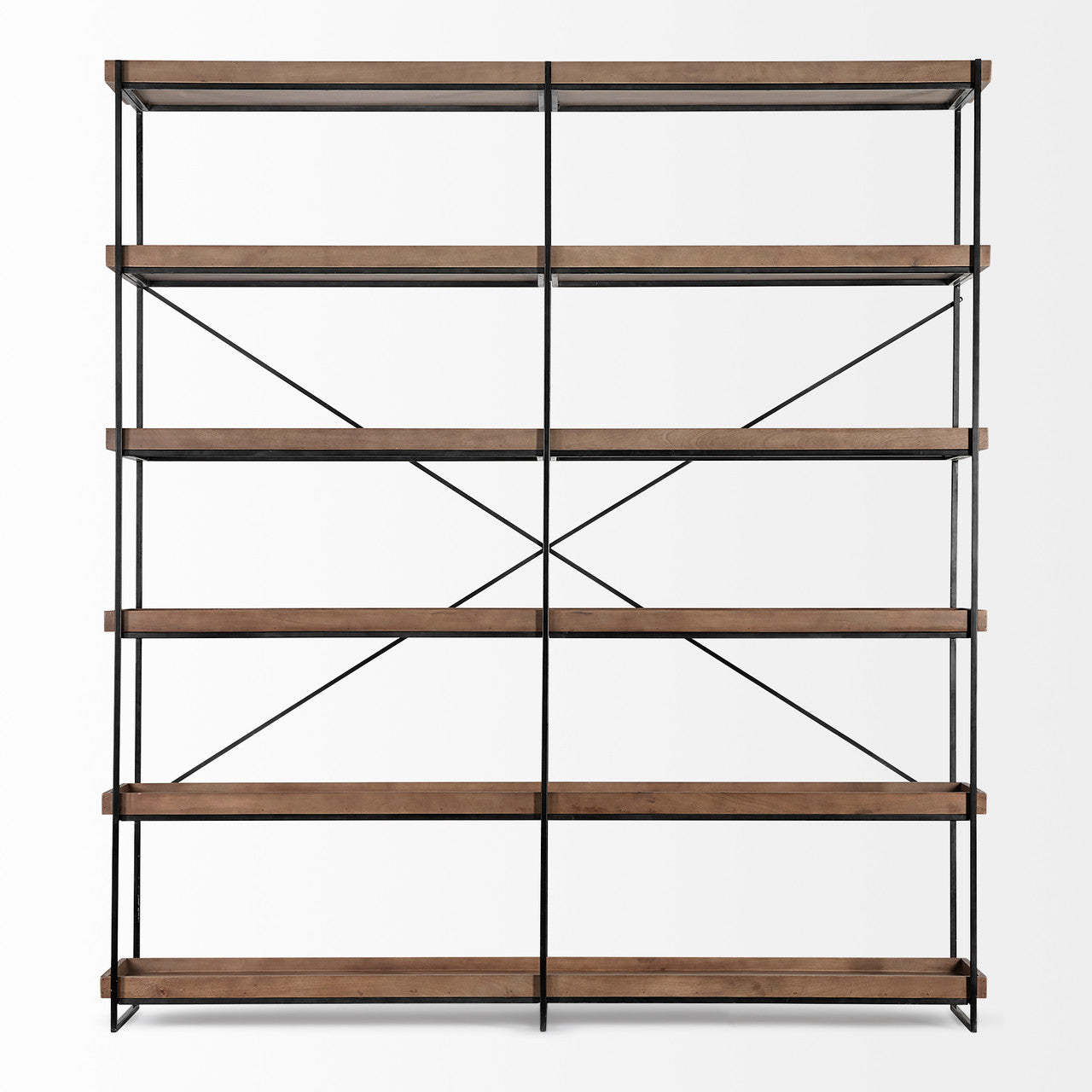 Trey IV 80L x 16W x 87.5H  Medium Brown Wood and Iron Five Tray Shelf Shelving Unit