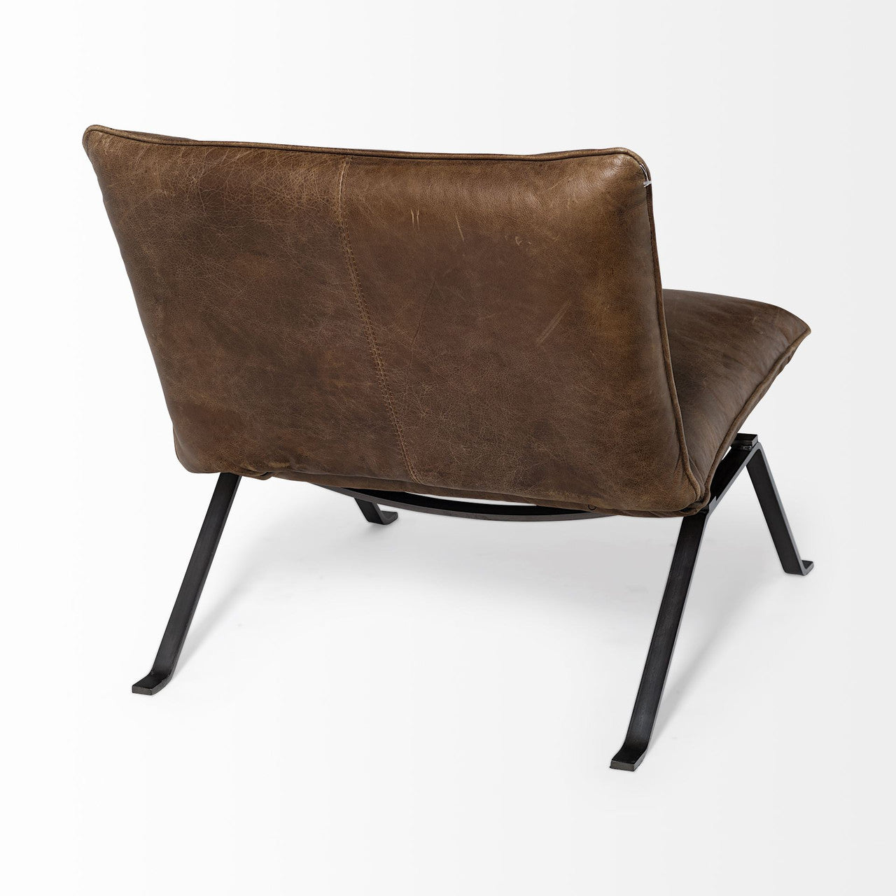 Flavelle I Brown Leather Cushion Seat and Solid Iron Base Accent Chair